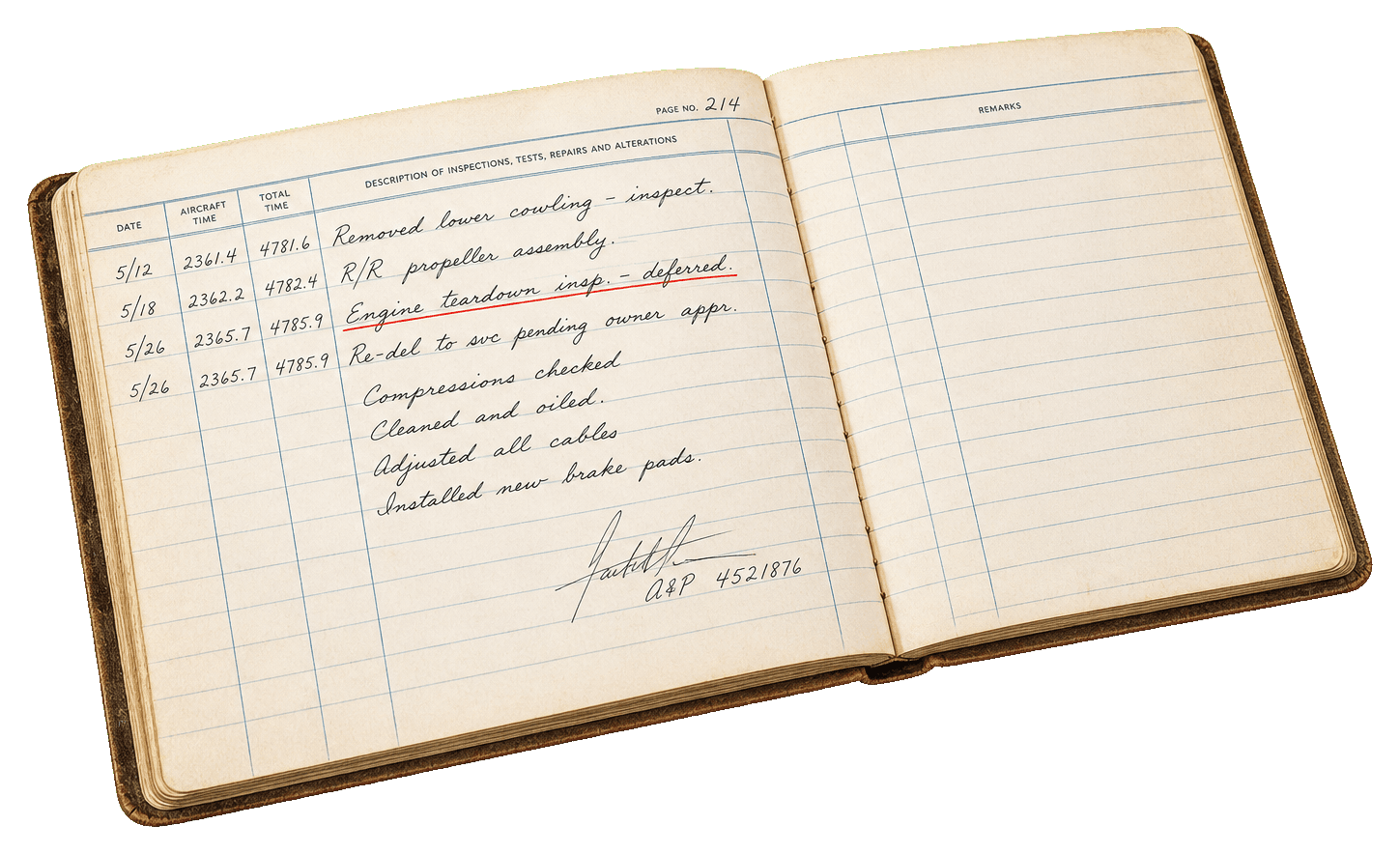 Open aircraft maintenance logbook with a prop strike entry underlined.